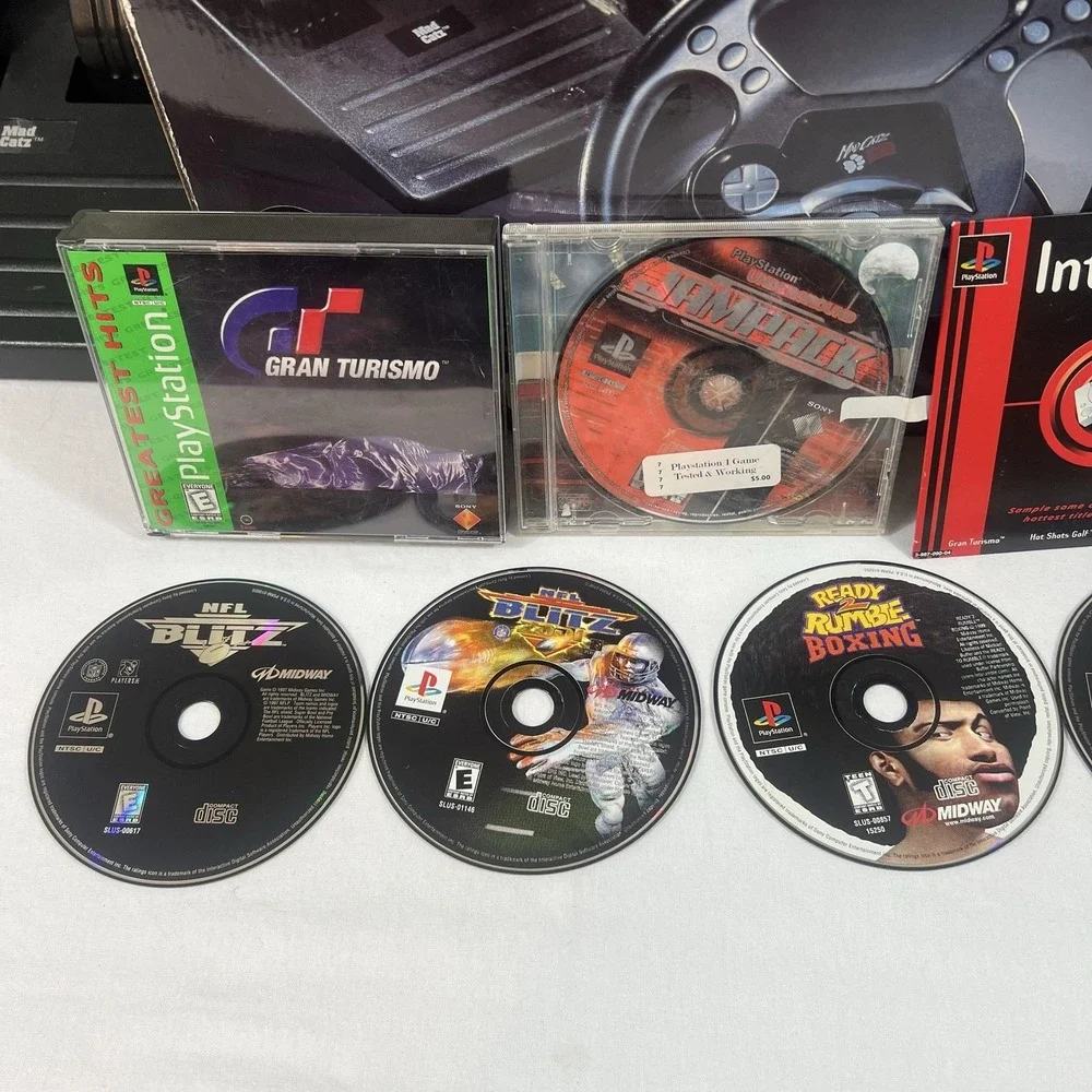 Sony PlayStation 1 SCPH-5501 Console Mad Catz Wheel Pedals PS1 7 Disc Lot